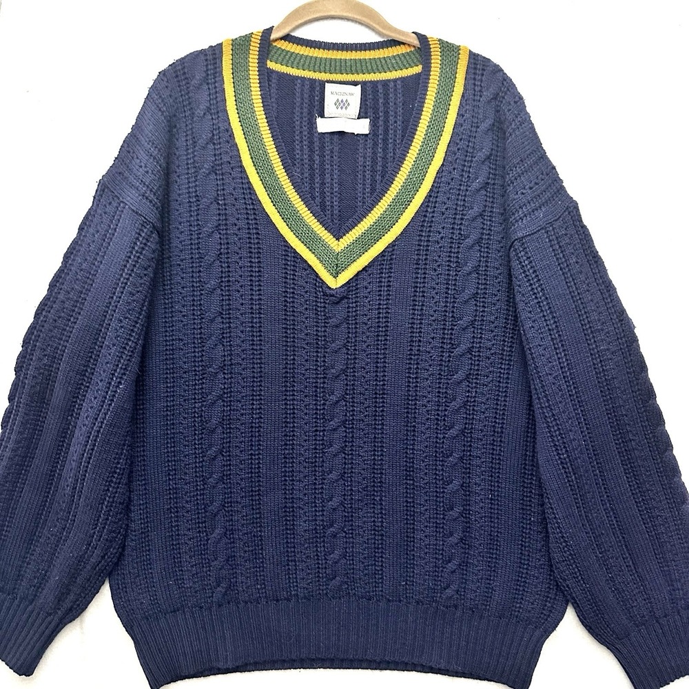 Vintage Mackinaw L Large Hand Knit Wool Sweater Tennis Preppy Criquet  Navy Blue